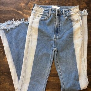 Cello Two-Tone Western Boho Flare Jeans in Dark Blue and Light Blue